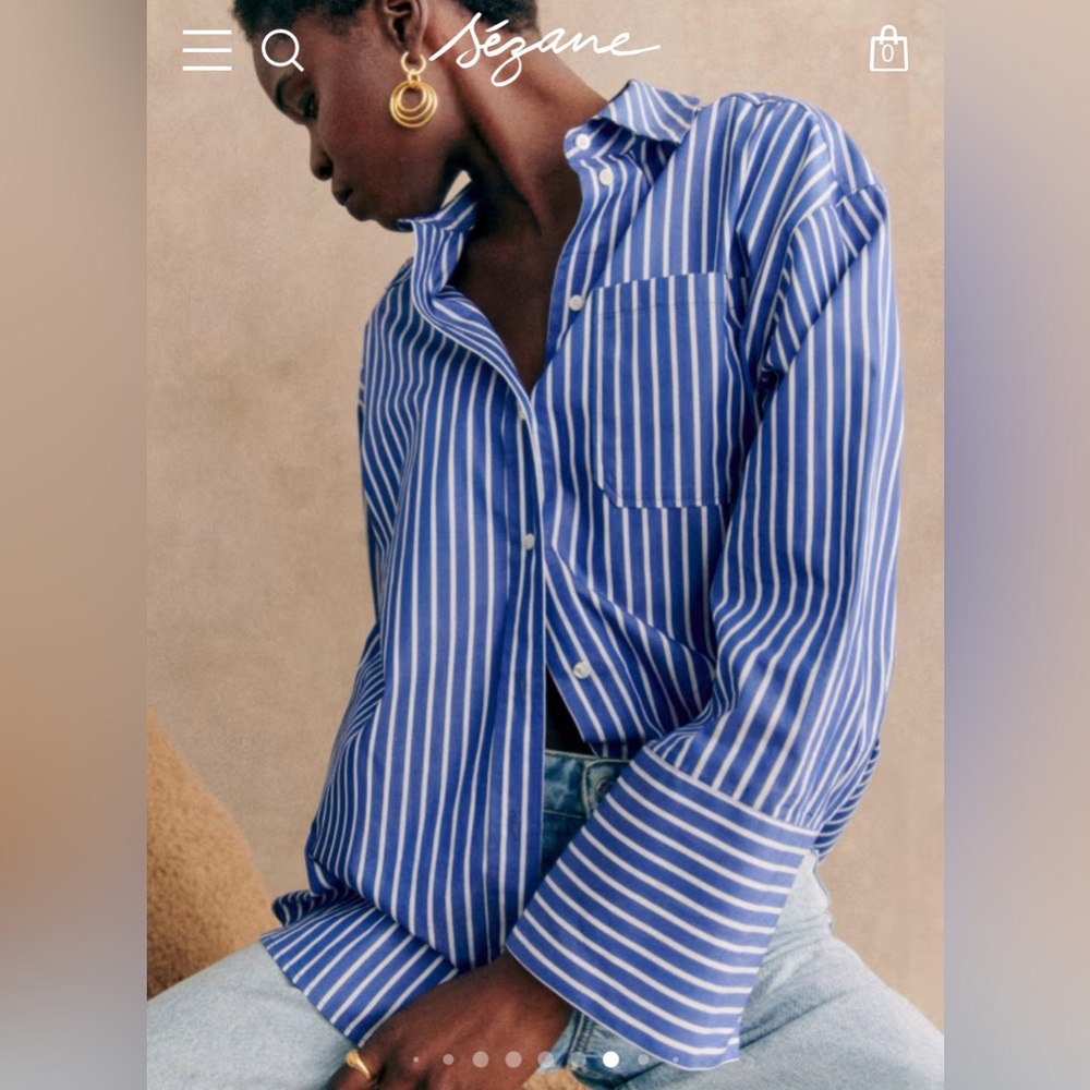 Sezane Bilma Button Down Shirt 34 (US 2) Navy Stripes